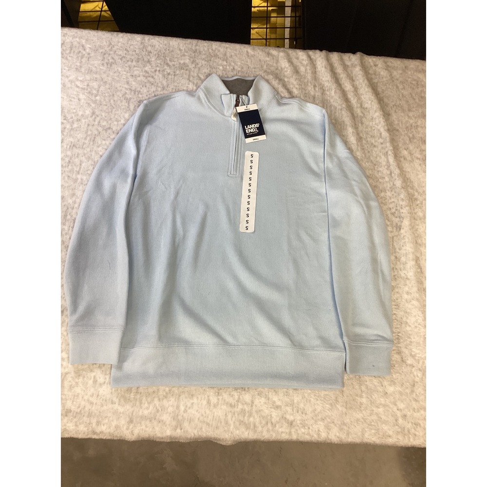 Lands End Mens Ribbed Quarter‎ Zip Pullover Nantucket Breeze Blue Small NWT